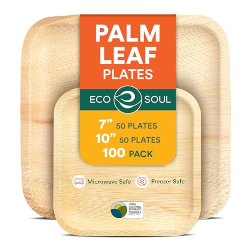 ECO SOUL 100 Palm Leaf Plates Square| 50 Large Dinner Plates, 50 Small Appetizer Plates|Eco-Friendly Compostable Bamboo Plate Disposable Dinnerware for Dinner, Party & Wedding