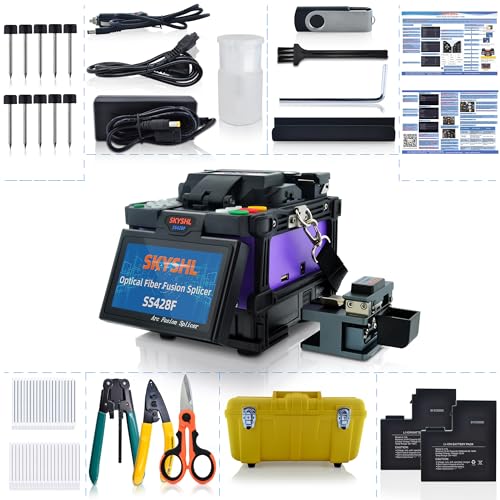 SKYSHL FTTH Core Alignment Optical Fiber Fusion Splicer (with 5pairs Electrodes,2PCS Battery, Fiber Cleaver Kit and Car Charger) Handheld Low Splice Loss Auto Focus Fiber Splicing (SS428F-522)