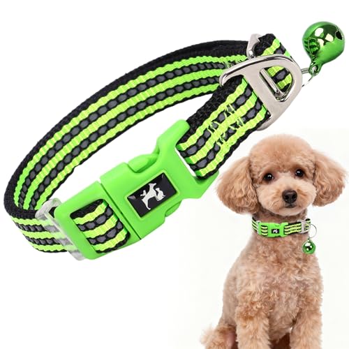XXS-XS Dog Collar with Bell Reflective - Adjustable Tiny Small Breed Collar for Girl Boy Chihuahua Puppies, Night Walk Safety Accessory（Green XS） G XS