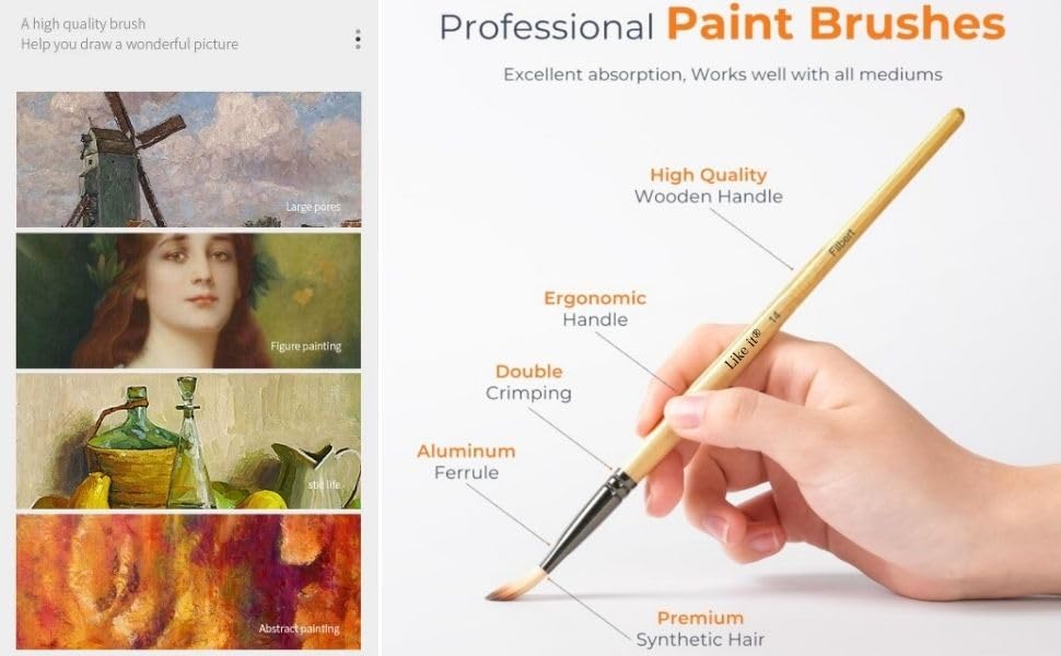 Image of Like It 24 Pieces Professional Paint Brush Set with Roll Pouch - Premium Synthetic Bristles Artist Brushes for Acrylic, Watercolor & Oil Painting - Multi-Size Wooden Handle Brushes for Canvas Art
