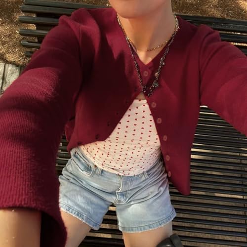 Solid Color Cardigan Sweaters for Women, Button Knit Long Sleeve Shirts for Women Crewneck Crop Top, Retro Y2k2