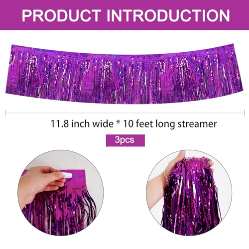 Image of BEISHIDA 3 Packs Metallic Foil Fringe Garland Laser Purple Wall Hanging Tinsel Fringe Banners for Car Floats Bridal Shower Wedding Birthday Easter Graduation Holiday Party Decoration(30 Feet)