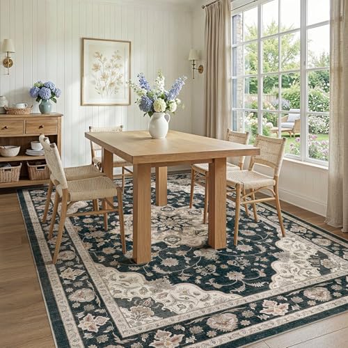 WITSHOCK Washable Area Rug 7x9 Non-Slip Floral Boho Carpet, Dark Teal by WITSHOCK - Used condition - Image 2