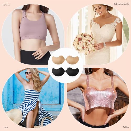 SAIIURV 2 Soutiens-Gorge Adhesif Push Up, Dos Nu, Bretelles Soutien-Gorge Respirant sans, Invisible Soutien Gorge Adhesif pour Les Robes de Soirée Robes de Mariée (Noir, Nu) – vue 7