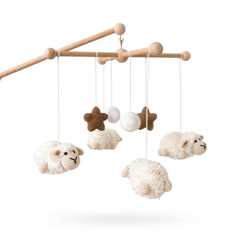 Handmade Crochet Sheep Baby Crib Mobile, Wooden Mobile Nursery Decor, Gender Neutral Baby Gift (White Mobile Arm)