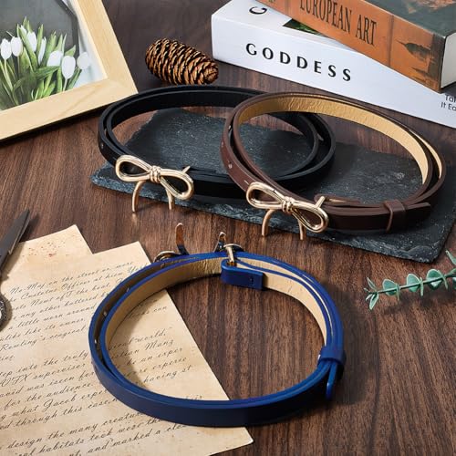 3 Colors 0.5 Inch Width Thin Waist Belts PU Leather Bow Skinny Belts with Gold Alloy Bowknot Buckle Elegantes Adjustable Slim Leather Waist Strap for Women Ladies Dresses Jeans Pants3