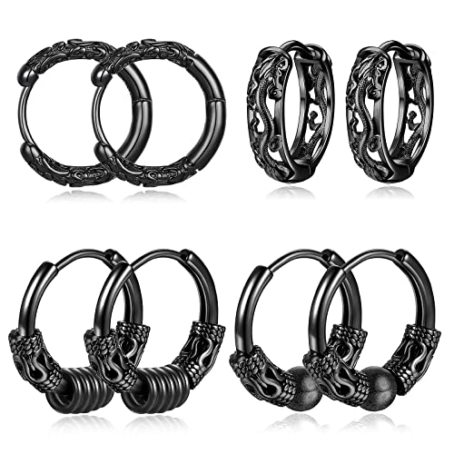Vintage Black Huggie Hoop Earrings of Men Women 14mm 12mm HipHop Punk Gothic Earring Set-4Pairs