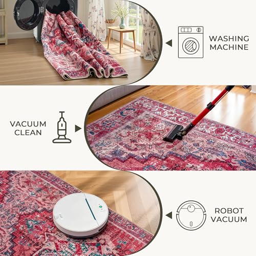 Image of AMERLIFE 8'x10' Area Rug, Machine Washable Vintage Area Rug- Soft Carpet with Non-Slip Backing for Living Room, Bedroom, Hallway- Red