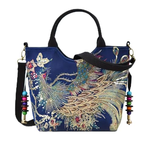 Bolsa Tote de Lona com Bordado Pavão e Paetês Brilhantes para Mulheres Ombro Estilo Vintage Elegante Alças Transversais Ajustáveis