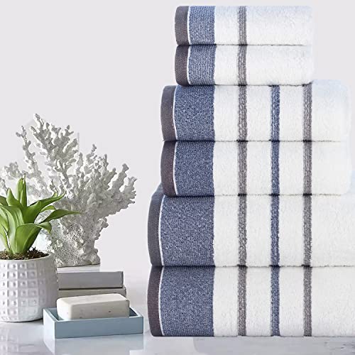 Image of Casa Copenhagen, Germany Design - White Bay Super Soft Collection 100% Cotton 6 Piece Towel Set, Includes 2 Bath Towels 2 Hand Towels 2 Washcloths - Grey & Blue