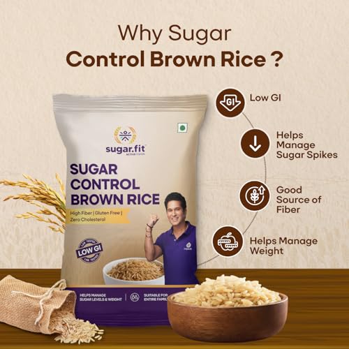 Image of Sugar.fit Sugar Control Low GI Brown Rice, High Fiber & Gluten-Free, 100% Organic and Natural, Lab-Tested, Diabetes-Friendly Rice for Weight Management and Balanced Blood Sugar - 1 Kg (Pack of 1)