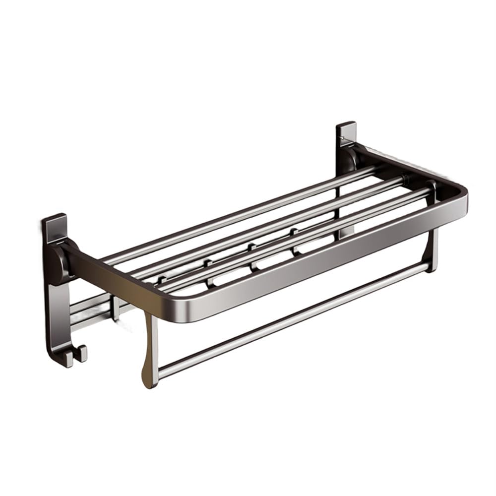 Porte-serviettes pliant 40cm en aluminium gris avec crochets mobiles pour salle de bain
