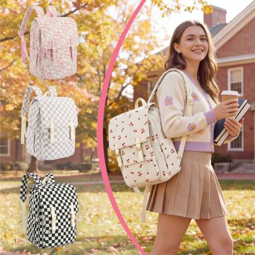 Image of Women Laptop Backpack, Corduroy 15.6 inch Travel Backpack for Work College Business, Teacher Nurse Bag with Large Capacity School Bookbag Bags for Girls - Cherry Bow Beige