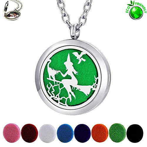 Popeoiuh Essential Oil Diffuser Necklace - Aromatherapy Jewelry Halloween Stainless Steel Magic Witch Locket Pendant With 24 Inches Chain + 8 Washable Refill Pads Birthday Christmas Gift #TOP1