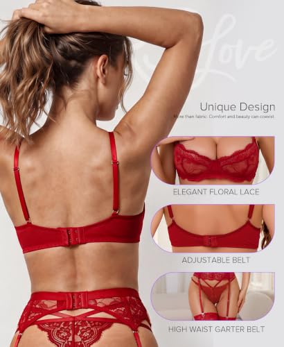 Image of RSLOVE Lingerie Set for Women Sexy - Corset And Panty Outfits 3 Piece Lace Push Up Underwire with Garter Lingerie