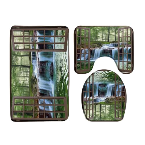 VPUPCN 3 Pcs Waterfall Bath Rugs Set,Misty Forest Green Tree Tropical Rainforest Jungle Plant Lake Mossy Rock Nature Landscape Kitchen Rug with 16