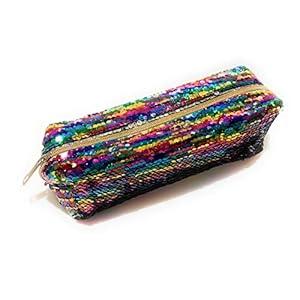 Large Colourful Rainbow Silver Reversible Sequin Pencil Case School College Uni Make Up Bag Pouch for Girls