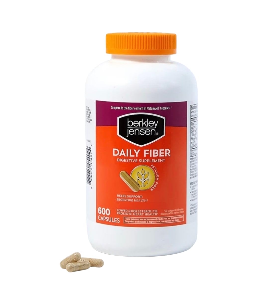 Berkley Jensen Daily Psyllium Husk Supplement (600 - Count), Natural Fiber for Men & Women - Fiber Capsules for Overall Digestive Health, Easing Constipation, Aiding Nutrient Absorption, Made in USA