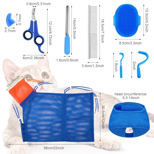 Image of 9 Pcs Cat Bathing Bag Set Cat Shower Bag Anti Bite and Scratch for Pet Grooming Washing Brush Comb Muzzle Nail Clipper Nail File Tick Tool (Navy Blue)