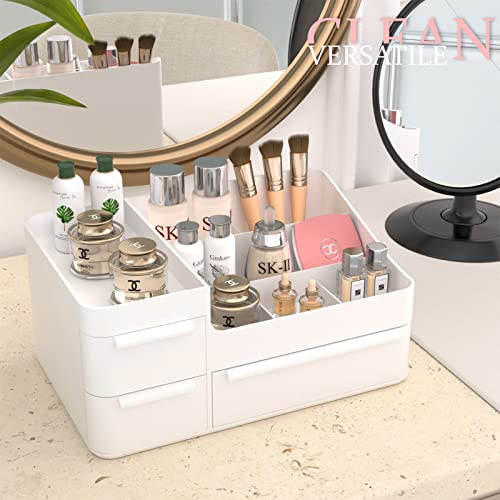 Makeup Organizer With Drawers, Countertop Organizer For Vanity, Bathroom And Bedroom Desk Cosmetics Display Case For Brushes, Lotions, Perfumes, Eyeshadow, Lipstick And Nail Polish White #TOP1