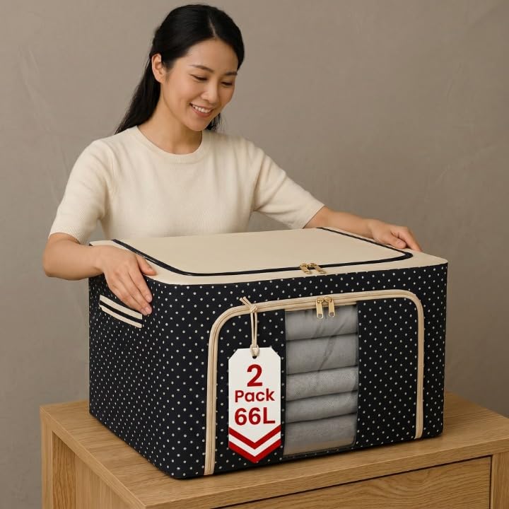 Image of Miele 2 Pcs 66 Liters Foldable Steel Frame Cloth Organizer for Storage /Wardrobe Organizer for Storage /almirah organiser for Sarees /Shirts /Blankets /Clothes Storage Box with Handle