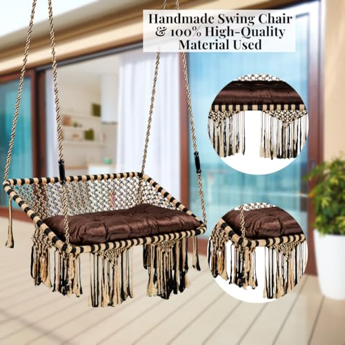 Image of Patiofy Premium Large Double Seater Swing Hanging Hammock Swing Chair for 2 People /Jhula for Adults / 2 Seater Swing for Balcony /Includes Free Hanging Kit & Cushion (Brown-Golden)