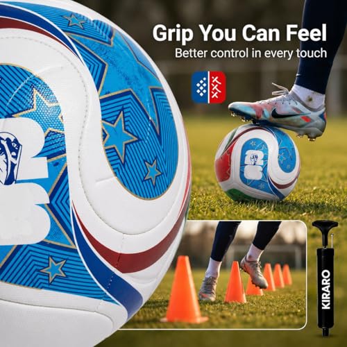 Image of Official Size 5 Soccer Ball with Free Pump & Pin | Premium PU Leather Football with Excellent Air Retention | Durable Training & Match Ball for Kids, Youth & Adults (Qatar Blue)