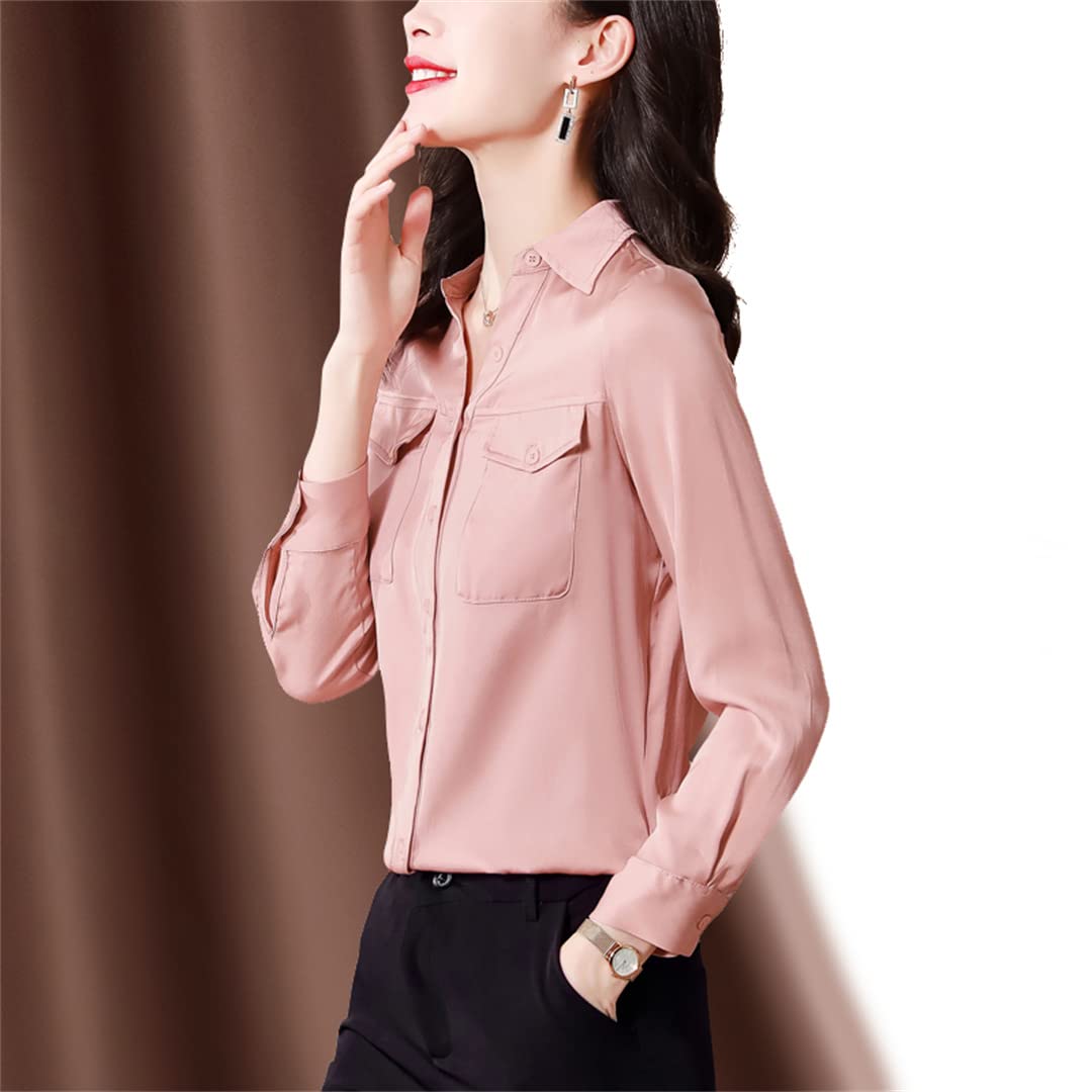 Blusas Sueltas Informales para Mujer con 2 Bolsillos, Camisas de Seda Satinada para Trabajo de Dama de Oficina, Camisa de Vestir con Botones
