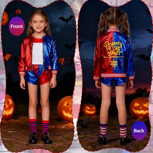 YUERTMIO Quinn Disfraz para Niñas, Disfraz de Quinn Niñas, Chicas Villano Suicide Traje, Juego de Payaso con chaqueta, camiseta, pantalones cortos, guante, collar para Halloween, carnaval, cosplay