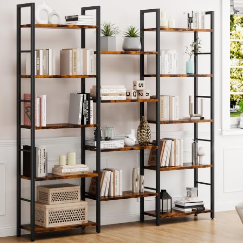 Image of Shintenchi Triple 5 Tier Bookshelf, Industrial Large Bookcase with 14 Open Display Shelves, Large Etagere Bookshelf,Wide Book Shelf Book Case for Home & Office, Brown