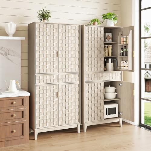 Image of Pantry Cabinet, 71 inch Tall Pantry Cabinet,Modern Kitchen Cabinet with Doors, Drawers & Adjustable Shelves, Freestanding Food Pantry Cupboard with Side Rack for Kitchen Dining Room,Oak