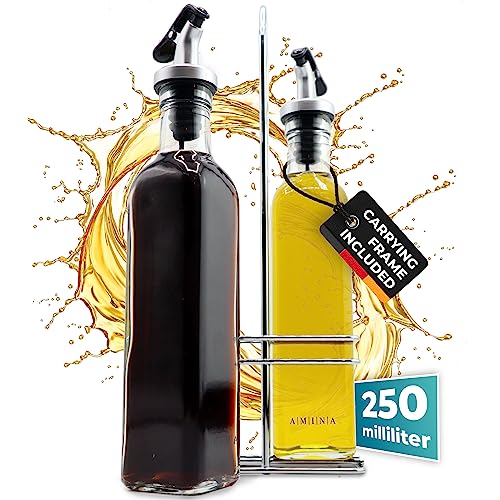 Cucino Set di dispenser per aceto e olio - (Toscana) 2 bottiglie di olio da 250 ml con supporto | a prova di perdite e senza gocciolamento | con tappo anti-sporco