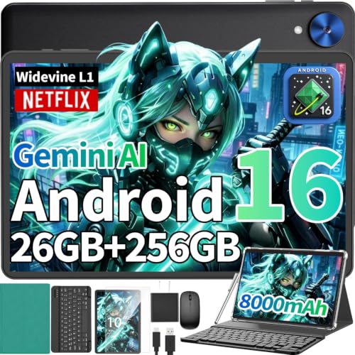 Image of Android Tablet with Keyboard - 10 inch Android 16 Tablet with 26GB+256GB+2TB Expand, Electronic Tablet with 8-Core, Gemini AI, 5G WiFi, 8000mAh, GPS, GMS, Tablet PC with Case /Mouse /Stylus(Green Case)