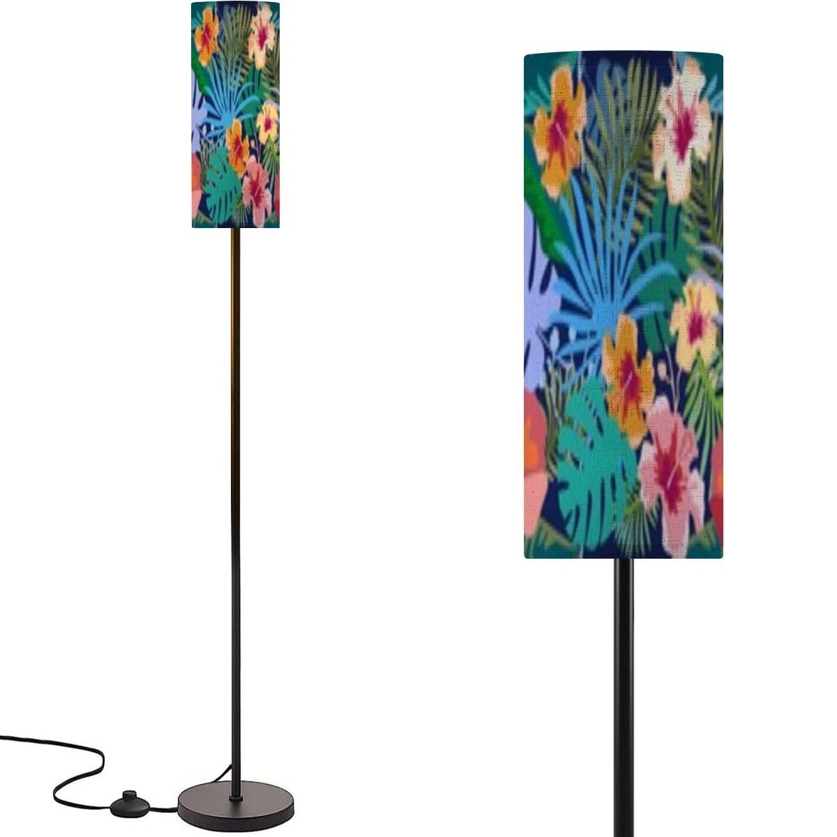 Modern Floor Lamp for Living Room Dark Seamless pattern palm leaves exotic flowers Flourish panoramic 3 Color Dimmable Standing Lamp with Remote Control Metal Pole Lamp for Bedroom Nursery Reading