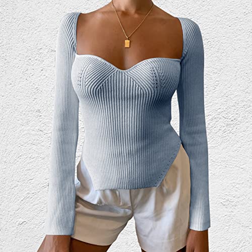 Image of Women's Square Neck Ribbed Knitted Sweater Long Sleeve Crop Slim Fitted Basic Pullover Tops