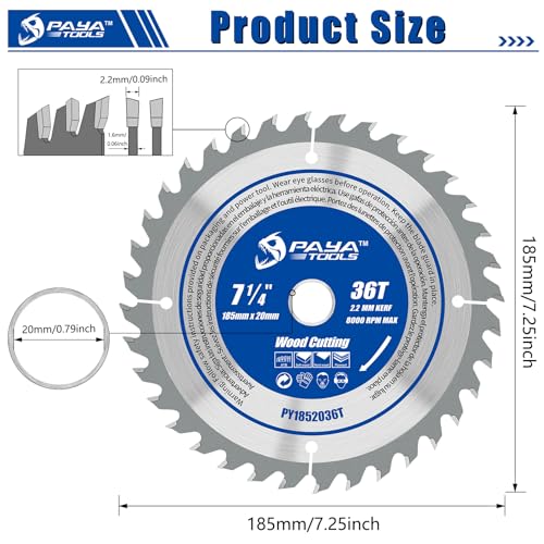 PAYA TOOLS 7-1/4-Inch 36-Tooth Circular Saw Blade,TCT ATB Framing Blade,20mm Bore(16mm Reduction Ring Included) for Wood Fast Cutting - Thumbnail 2