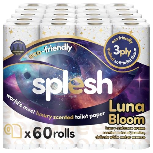 Splesh by Cusheen Toilet Roll 60 Rolls - Luna Bloom Cashmere Scent with White Amber Essence Bulk Family Pack | Soft 3 Ply Luxury Bathroom Tissue Loo Rolls | Eco-Friendly Sustainable Toilet Paper