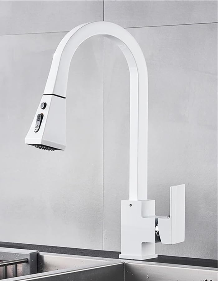 Grifo de cocina, grifos de cocina mate, grifo del fregadero de la cocina, pulverización de latón, dos modos de agua, 360 grados de agua fría caliente, blanco