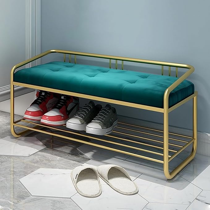 Modern Entryway Bench with Shoe Storage Rack, Gold Metal Frame, Teal Velvet Cushion, 2-Tier Design