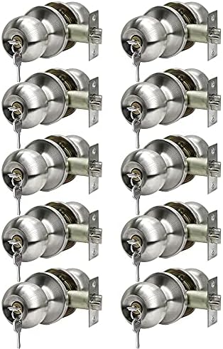 SUNTAI Door Knob with Lock and Keys, Ball Stainless Steel Entry Door Lock with Keyed,Exterior/Interior Door Handles for Bedroom or Bathroom,Satin Nickel,(10Pack)