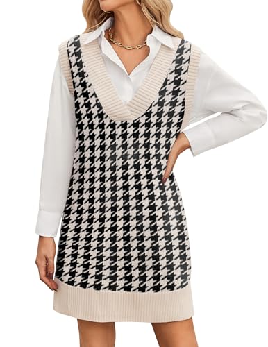 Zeagoo Pulloverkleid Damen Strickkleid Strick Pullunderkleid Strick Vest Kleid Ärmellos V-Ausschnitt Elegant Layering Kleider Hahnentritt Kariert XXL