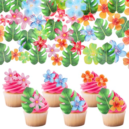 60 Stück Esspapier Tortendeko,Enthält 40 Stück Essbare Blumen und 20 Stück Esspapier Blätter für Cupcake Topper,Tortendeko Essbar,Dschungel Geburtstag Dekoration für Hawaii