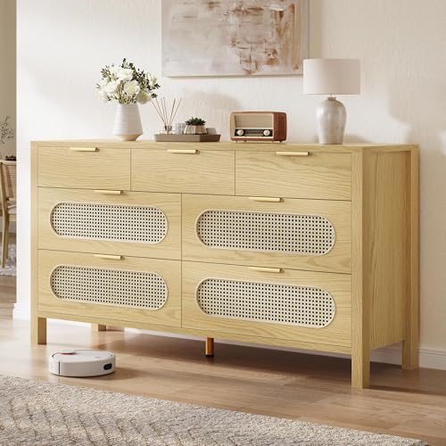 DWVO TV Stand 7 Drawer Dressers Storage Cabinet Natural Rattan Oak Wooden Chest with Golden Handles - Modern Large Closet Boho for Living Room/Hallway/Entryway