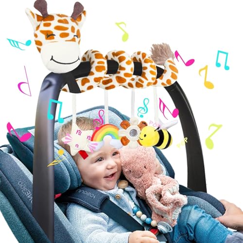 Image of Stuffed Giraffe Spiral Car Seat Toys, 0-6 Months Stroller Activity Baby Infant Carseat Toys Hanging Including Bee Rattles| Flower Mirror| Rainbow Cloud| Star Bibi, Babies Lover Gifts, Medium, Yellow