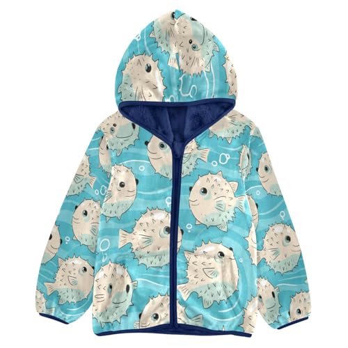 Pufferfish Blue Fish Pattern Toddler Fleece Jacket Girl Boys Hooded Fleece Jacket Coat Warm Outwear Zip-up 3-10T