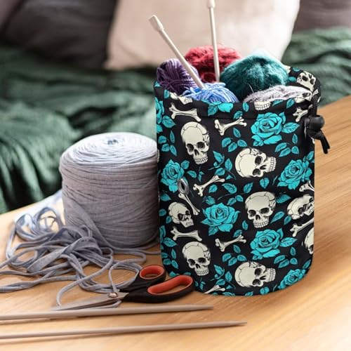 Image of Sellikakes Skull Rose Small Yarn Storage Bag with Drawstring, Mini Knitting Yarn Holder Stores Skein Ball, Crochet Project Knitting Supplies