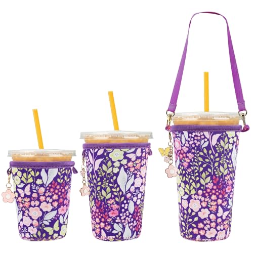 3PC Reusable Neoprene Iced Coffee Sleeve with Strap & Charms Perfect Cold Drink Sleeve for Iced Drinks, Coffee Cup Sleeves, and More Durable, Insulated Coffee Sleeves for Iced Coffees & Cold Beverages
