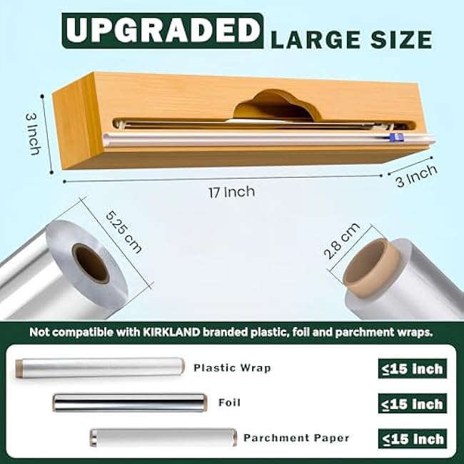 15¡± Bamboo Plastic Wrap Dispenser with Cutter ¨C Aluminum Foil Dispenser with Cutter for Kitchen ¨C Kitchen Wrap Dispenser for Plastic Wrap, Parchment Paper Roll, Fits Rolls Up to 15 Inches