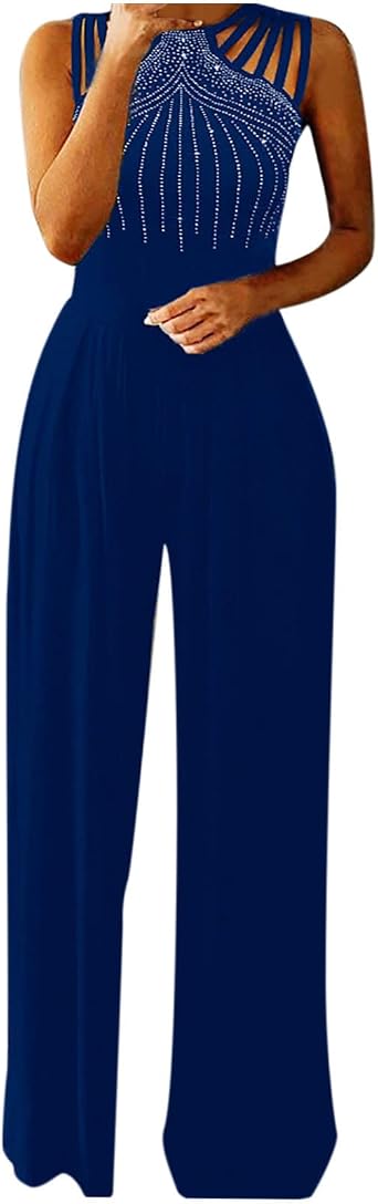 tuduoms Womens Sequin Sleeveless Summer Jumpsuits Cold Shoulder Elegant Sparkle Rhinestone Wide Leg Long Pants Jumsuits