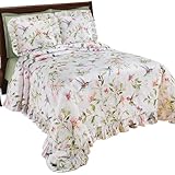 Collections Etc Exquisite Hummingbird Floral Plissé Ruffle Boarder Bedspread